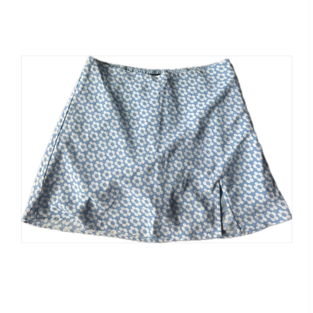 Blue and White Floral Mini Skirt with Shorts and Slit